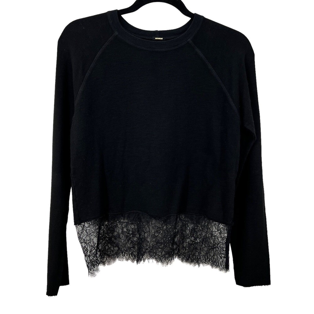 Monrow Women's Black Pullover Soft Sweatshirt with Lace Trim Sz. XS